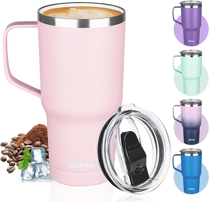 20 oz Insulated Coffee Mug with Ceramic Coating, Stainless Steel Travel Mug Tumbler with Handle Lid and Straw, Double Wall Leak-Proof Coffee Travel Mug Keeps Drink Hot and Cold (Pink) by GUDEMAO