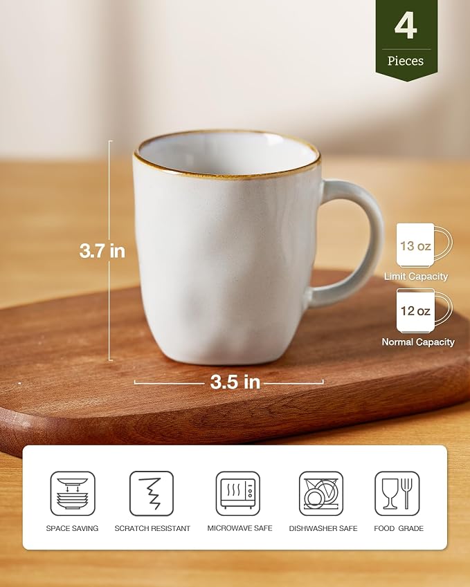 famiware Coffee Mugs Set of 4, Ocean Square 13oz Coffee Cup Set with Handle for Cocoa, Milk, Hot Chocolate, Stoneware Cups for Kitchen, Reactive Glaze, Microwave and Dishwasher Safe, Cappuccino White - Image 4