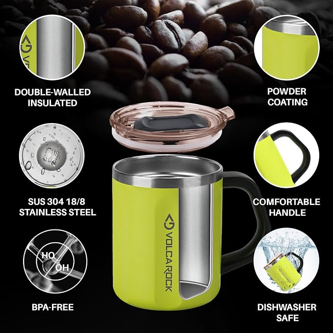 Coffee Mug with Handle and Lid, 16oz Spill Proof Coffee Cup with Powder Coating, Dishwasher Safe and BPA Free Tea Mug, Ideal Gift for Family and Friends (Lime) - Image 3