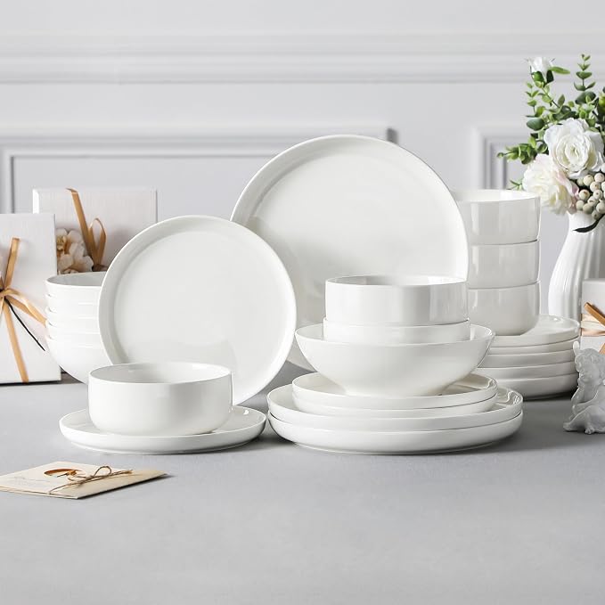 MALACASA 24 Pcs Porcelain Plates and Bowls Sets,Dinnerware Set for 6,White | Modern Ceramic Dishware,Kitchen Dining Ware,Microwave and Dishwasher Safe,Simple Solid White Design,Series LUNA - Image 6