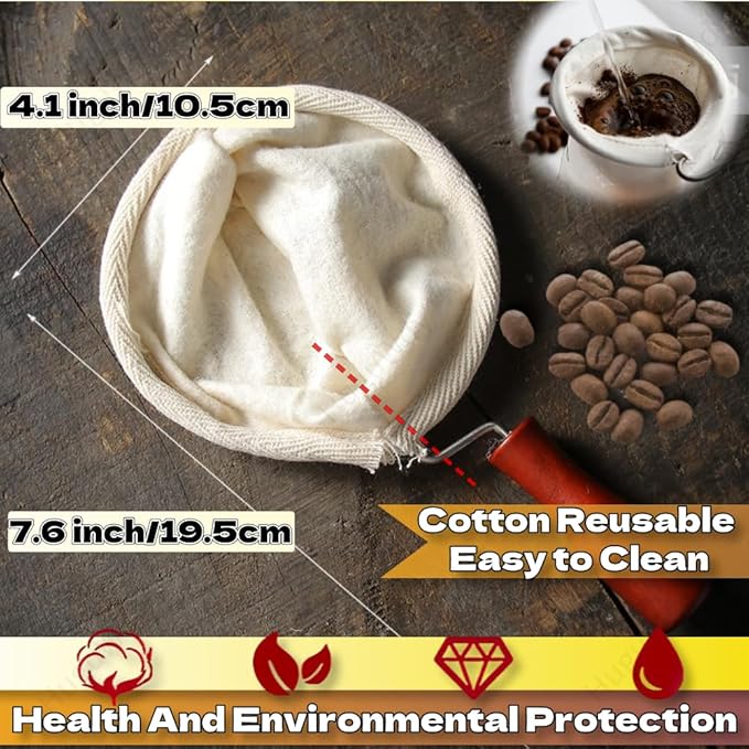 Cloth Coffee Filter More Sense of Ritual Handmade Coffee Filter Preferred Washable Reusable Flannel Cloth Coffee Sock with Wooden Handle Strainer with Wood Handle for Coffee Lover Home Office Use