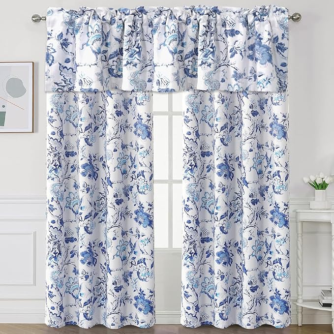 H.VERSAILTEX Blackout Curtain Valances for Kitchen Window/Living Room/Bathroom Privacy Added Rod Pocket Home Decoration Winow Valance, 52" W x 18" L, Flroal in Blue and White - Image 8