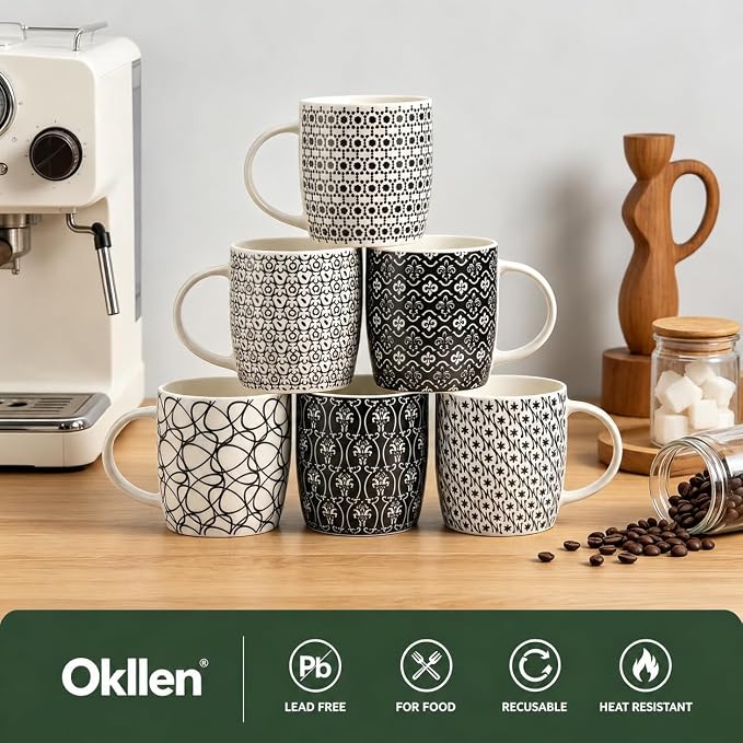 Okllen 6 Pack 11.5 Oz Coffee Mugs Geometric Textured, Ceramic Coffee Mugs Stylish Tea Cup Mugs Set Gift for Latte, Cappuccino, Milk, Water, Cocoa, Cereal, Black and White - Image 6