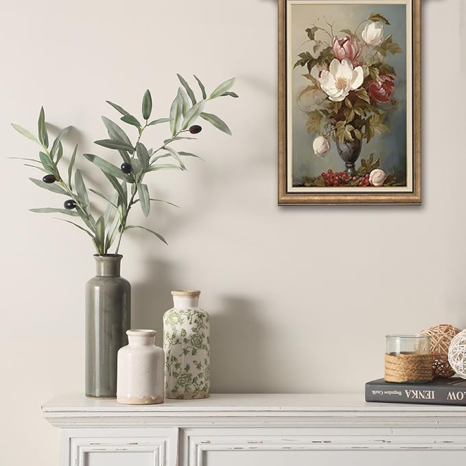 Vintage Vase Set of 3, Ceramic Vintage Flower Vases, Chinoiserie Decorative Home Decor Retro Floral Vase Rustic Farmhouse Decor for Table Bookshelf Mantel Kitchen Living Room Office - Green and Beige - Image 5