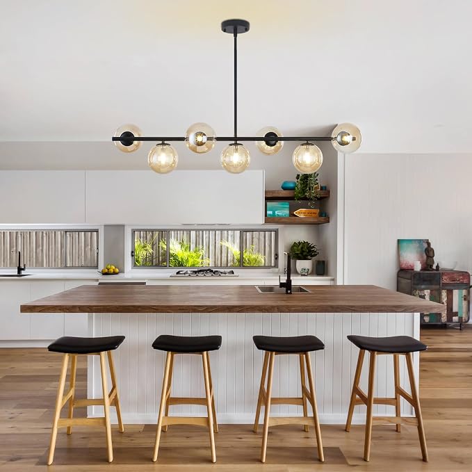 Mid Century Modern Linear Chandelier, 7-Light Black Pendant Light with Amber Glass Globes, Dimmable Kitchen Island Lighting Dining Room Light Fixtures Over Table for Living Room, Entryway & Bedroom - Image 2