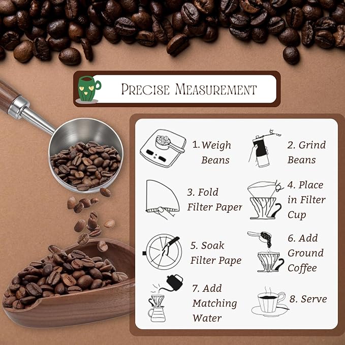 Vintage Coffee Scoop 10g/30ml Capacity Retro 304 Stainless Steel Coffee Measuring Spoon Walnut Wooden Handle Coffee Scoop Kitchen Utensil for Measuring Scooping Tea Coffee Spices (Long Handle)