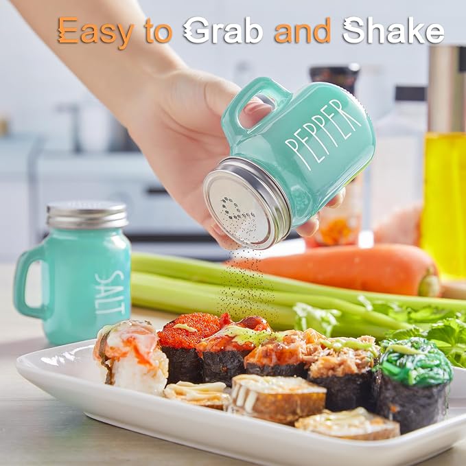 Turquoise Salt and Pepper Shakers Set - Teal Kitchen Decor and Accessories for Home Restaurants Wedding - Glass Salt and Pepper Set for Cooking Table, RV, BBQ, Easy to Clean & Refill - Image 4