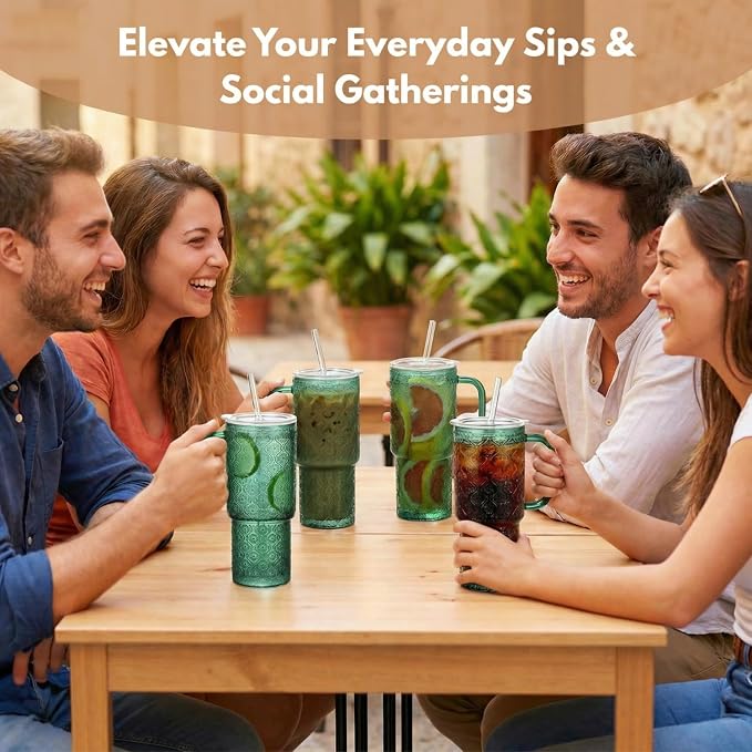 20 oz Green Glass Tumbler with Lid and Straw, Glass Iced Coffee Cups, Spill-proof Glasses Tumbler with Handle, Hobnail Glasses Drinking Set of 2, Vintage Glassware for Cocktail, Smoothies - Image 7