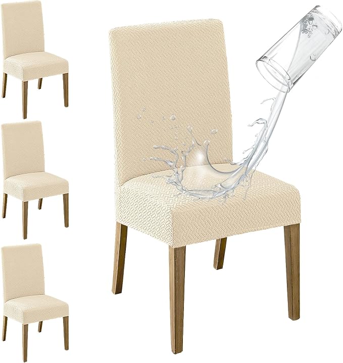 MOSAYT 100% Waterproof Dining Room Chair Covers Set of 4, Super Fit Stretch Jacquard Parson Chairs Slipcovers Removable Washable Chair Seat Protectors for Home, Kitchen, Banquet (Beige) by MOSAYT