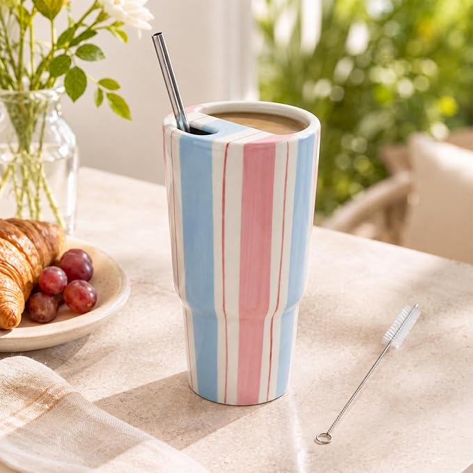 Large Ceramic Coffee Mug with Sip Hole 20 oz Pastel Striped Travel Cup with Straw and Cleaning Brush Coffee Espresso Latte Tea Cup for Kitchen Dining Birthday Gift - Image 7