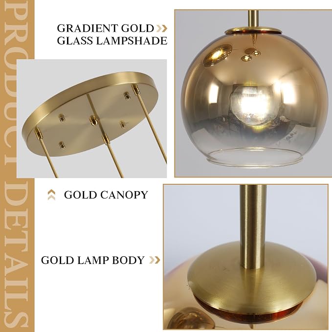 KCO Lighting Gold Cluster Pendant 3-Light Large Glass Pendant Lights Kitchen Island Bubble Globe Chandelier Mid Century Modern Hanging Light - Image 3