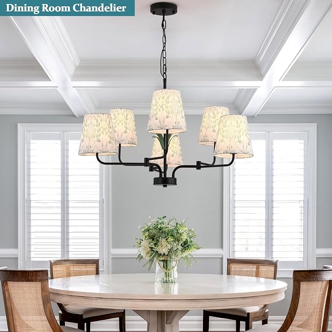 Black Chandeliers with White Fabric Shade, Farmhouse Green Plants Chandelier for Dining Room, Linear Island Lighting Fixture for Kitchen, Industrial, Foyer, Entryway, Living Room,Nature - Image 5