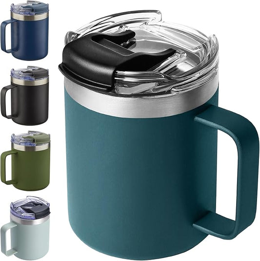 12oz Insulated Coffee Mug Cup with Handle, Stainless Steel Travel Coffee Mug with Flip Lid, Double Wall Vacuum Coffee Tumbler,Ocean Teal by ALOUFEA
