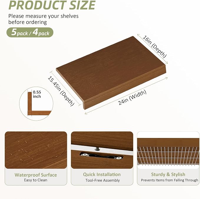 Wire Shelf Covers, Bamboo Wire Rack Covers for Pantry, Closet，Kitchen (5pcs, 24" W x 16" D, Walnut) - Image 2