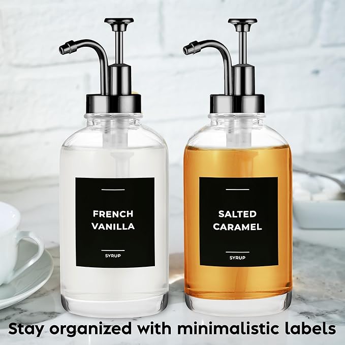 Coffee Syrup Dispenser with Pump - Includes 24 Flavor Labels - Glass Syrup Dispenser for Coffee Bar - Elevate your Beverage Station with 16.9 fl oz Flavoring Container Bottles, 2pcs, Black