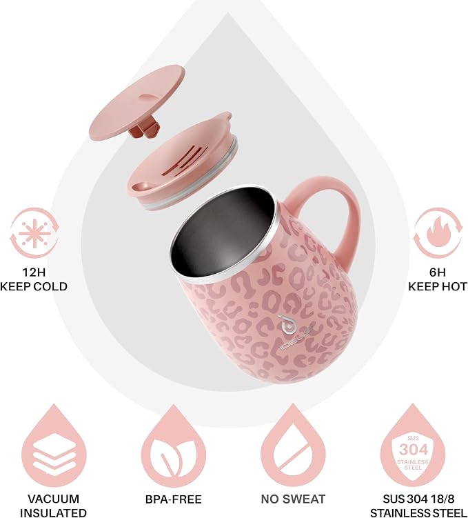 Ideus 16 oz (470 ml) Insulated Coffee Mug with Handle and Lid, Double Wall Stainless Steel Vacuum Thermal Coffee Mug, Travel Coffee Cup Thermal Cup for Home and Office, Leopard Pink - Image 2