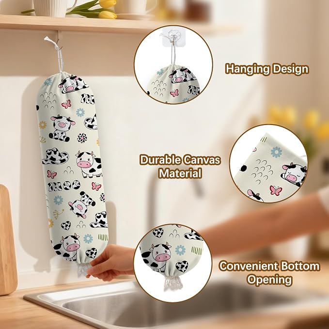 Cow Plastic Bag Holder Dispenser, Plastic Grocery Bag Organizer & Wall Mount Paper Trash Bags Saver Storage for Kitchen Home Pantry Decor, Cute Cow Shopping Bags Storage Dispenser - Image 3