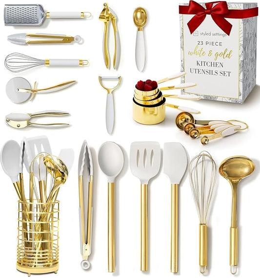 Styled Settings White and Gold Kitchen Utensils Set, 23-Piece | Stainless Steel, Gold Kitchen Accessories Include Measuring Cups, Silicone Utensils, Utensil Holder -Gold Kitchen Accessories by STYLEDSETTINGS