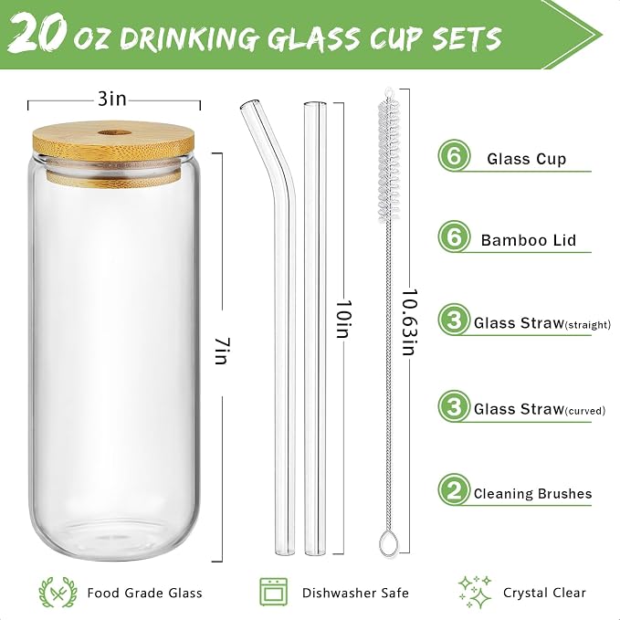 20 Oz Drinking Glasses - 6 Pcs Glass Cups with Bamboo Lids and Straws | Food-grade durable clear tumbler, Coffee bar accessories, Aesthetic gift, For beer, Iced tea, Include 2 cleaning brushes - Image 2