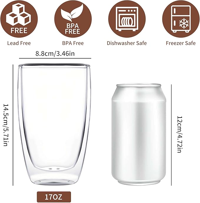 MESNEY 17oz Double Walled Glass Coffee Mugs, Glass Coffee Mugs Set of 2, Insulated Clear Cappuccino Latte Mugs for Home, Cafe & Restaurant, Durable Stackable Drinking Glasses - Image 2