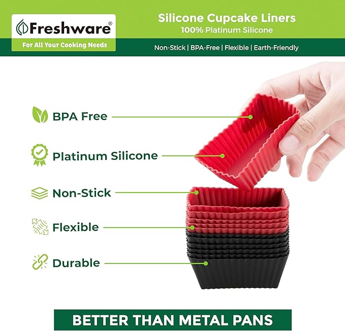 Freshware Cupcake Liners, Pack of 12 Silicone Muffin Cups, 2.8 Inch Baking Cups, Reusable & Non-stick Cupcake Liners for Party Halloween Christmas, Rectangular