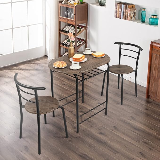 VINGLI 3 Piece Dining Set,Small Kitchen Table Set for 2,Breakfast Table Set for 2,Kitchen Wooden Table and 2 Chairs for Small Space/Dining Room/Apartment,Metal Frame,Wine Rack,Rustic - Image 2
