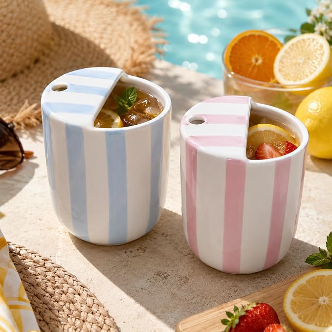 2 Pcs Ceramic Mug with Sip Hole 10 oz Novelty Pink Light Blue Striped Coffee Mug Hand Painted Ceramic Cup Heat Resistant Non Slip Built in One Lid Handcraft Mugs for Coffee Lovers Gift - Image 6