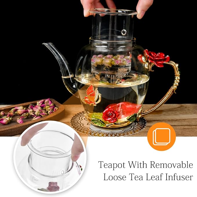 Enamel Glass Flower Tea Pot With Removable Loose Tea Leaf Infuser Tea Maker Teapot Set 30.4OZ Gifts for Women,Mom,Birthday | Tea Maker With Removable Loose Tea Leaf Infuser,Teapot Set,Heat & Cold Resistant,Shatterproof - Image 2