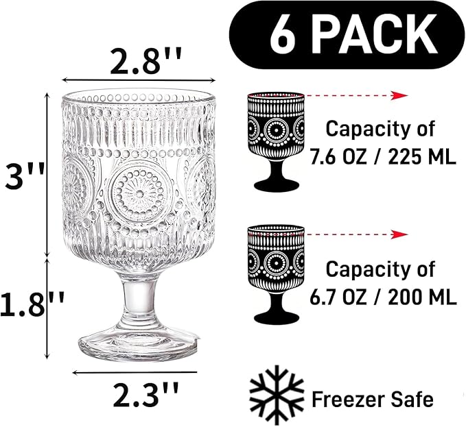 Pumtus 6 Pack Vintage Goblet Glasses, 7.6 OZ Embossed Floral Glass Cup, Clear Romantic Wine Glassware, Unique Pressed Pattern Stemware, Mixed Drink Glasses Set for Cocktail, Juice,Whiskey, Beer - Image 2