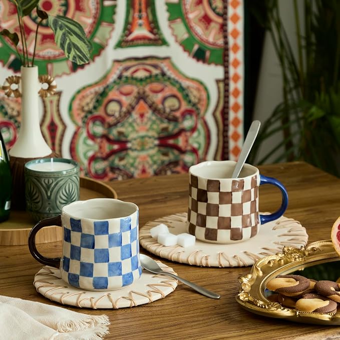 Retro Checkered Ceramic Coffee Mug 16Oz - Extra Large Handle, Microwave Safe Vintage Patterned Tea Cup for Home-2pack - Image 2