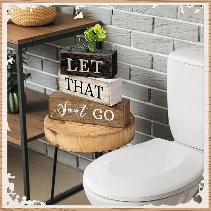Moucuny 4 Pcs Bathroom Shelf Decor Sign Farmhouse Bathroom Decor and Accessories Rustic Eucalyptus Leaves Wood Block Sign Gift Let That Shit Go Funny Farmhouse Table Centerpiece for Home Office Toilet - Image 6