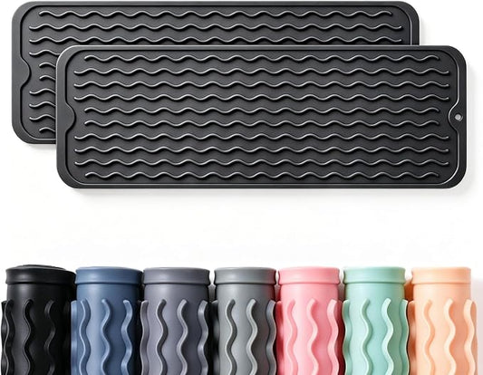 2 Pack Caketime Silicone Dish Drying Mat for Kitchen Counter Coffee Bar Easy to Clean Near Faucet Under Sink Bathroom Vanity Tray Small Gadgets Rack Home Decor Essentials 17"x6" Black by CAKETIME