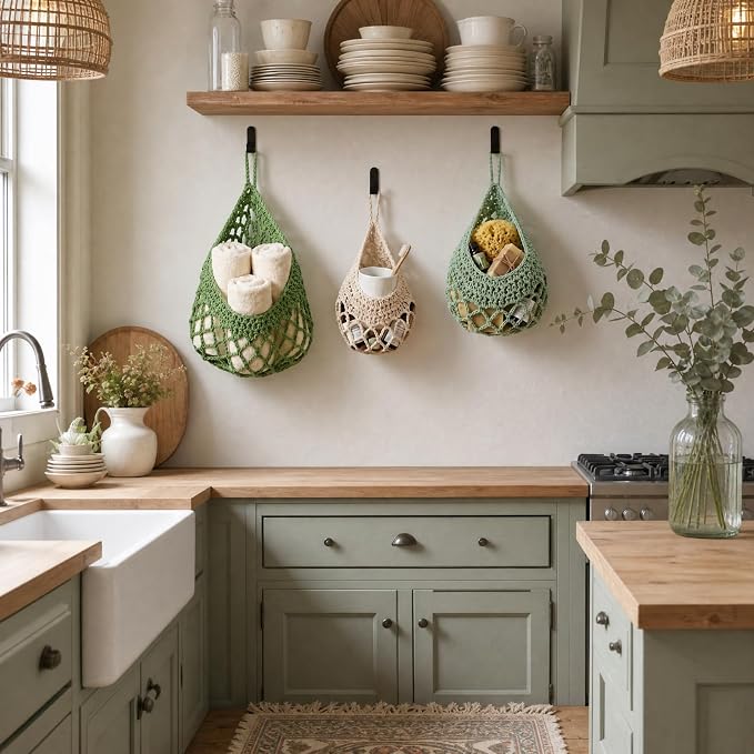 Honeydak Boho Decor Hanging Wall Baskets for Kitchen 3 Pack Teardrop Baskets with Hooks Storage Fruit Onion Vegetable Potato for Home 3 Sizes(Spring Color,Crochet,Cotton Rope) - Image 4