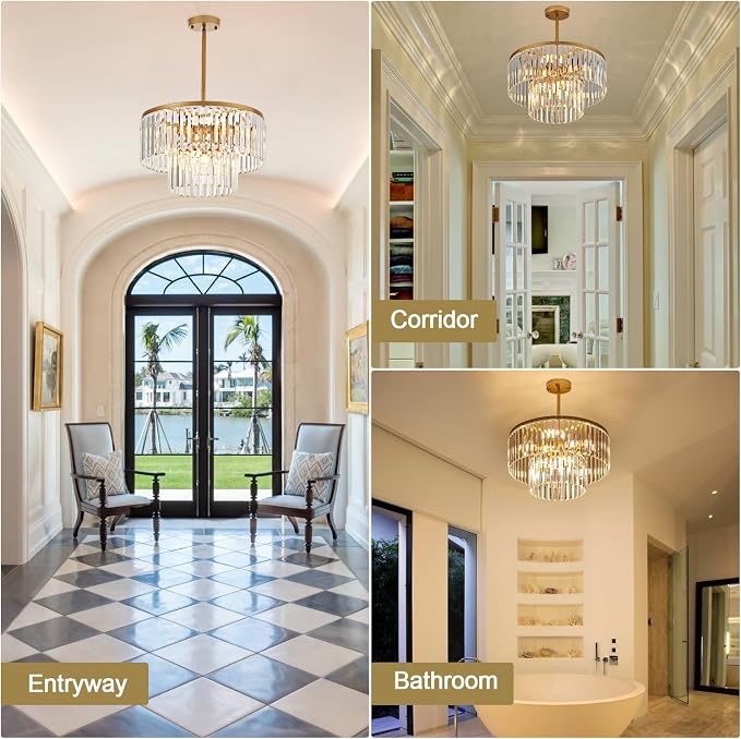 17.7" Gold Semi Flush Mount 2-Tier Crystal Ceiling Light Fixtures for Dining Room Modern Industrial 8-Light Chandeliers Lighting for Bedroom Entryway Hallway Kitchen Island Living Room Foyer - Image 4