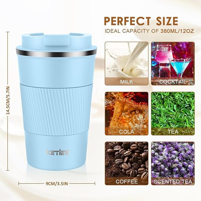 KETIEE Travel Coffee Mug 12oz: Insulated Coffee Cup with Leakproof Lid, Coffee Tumbler, Reusable Coffee Cups with Seal Lid, Vacuum Stainless Steel Coffee Mug to Go for Hot/Iced Water Tea - Image 6
