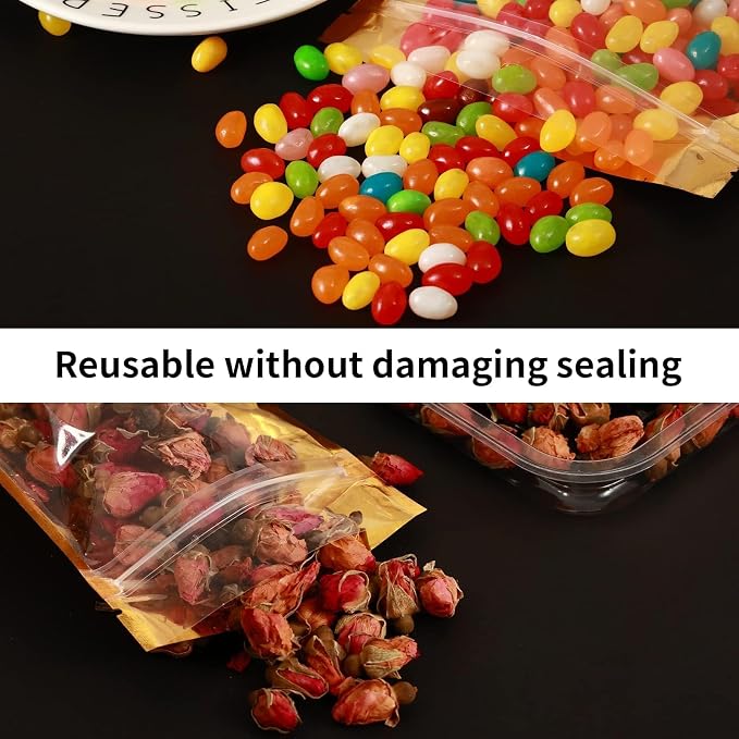 300 Pcs Mylar Bags for Food Storage 4x6 Mylar Bag with Window Stand Up Small Resealable Bags Smell Proof Bag Food Packaging for Small Business Freeze Dried Candy Jewelry Foil Packaging Gold - Image 8