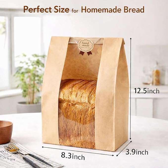 Bread Bags for Homemade Bread, 100PCS Bakery Bags with Window | Kraft Paper Bread Packaging Bags with Sealing Stickers for Sourdough, Loaves, Cookies & Baked Goods, Perfect for Home Bakers - Image 2
