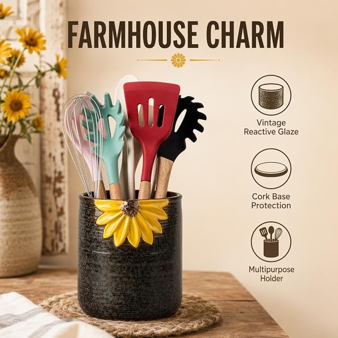 Ceramic Utensil Holder Sunflower Kitchen Utensil Crock Flower Vase Decor | Reactive glaze ceramic utensil holder countertop farmhouse with 3D yellow sunflower relief, cork base, ribbed anti-slip grip. - Image 2