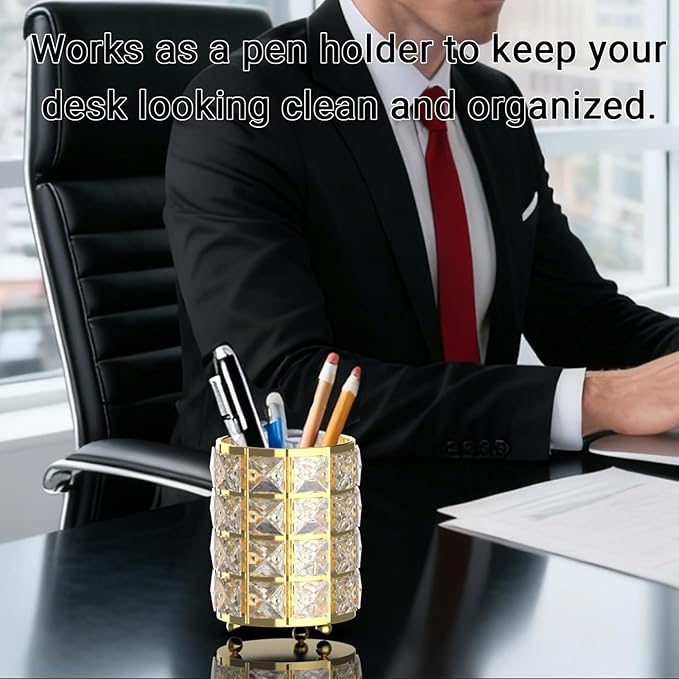 LUGUNU Makeup Brush Holder with Golden Crystal Bling – Elegant Vanity Organizer for Brushes, Pens & Pencils, Ideal for Bathroom or Office Countertop(2Pack)