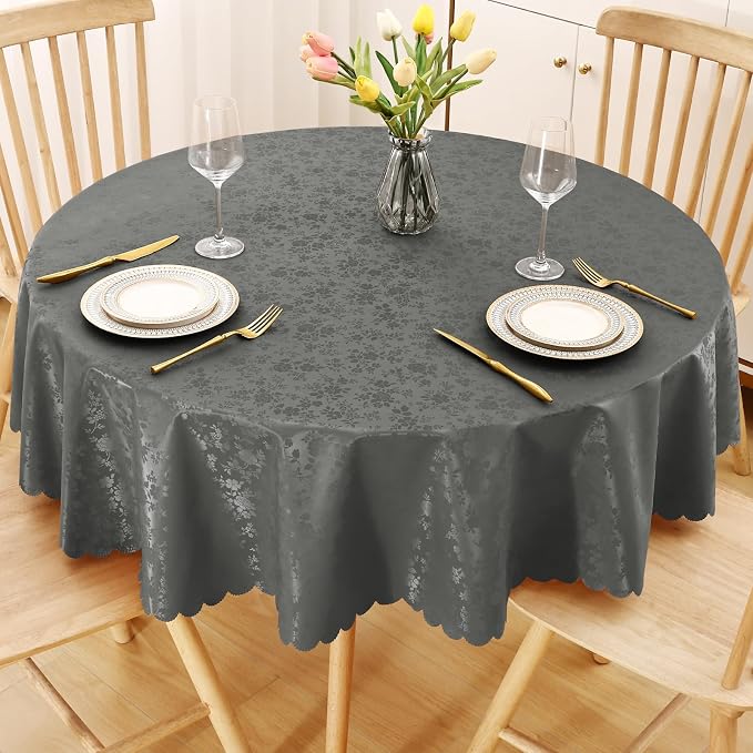 Smiry Round Waterproof Heavy Duty Vinyl Tablecloths, 60 x 60 Inch | Wipeable Washable Floral Embossed Table Cover for Kitchen and Dining Room, Indoor & Outdoor Use, Dark gray by Smiry