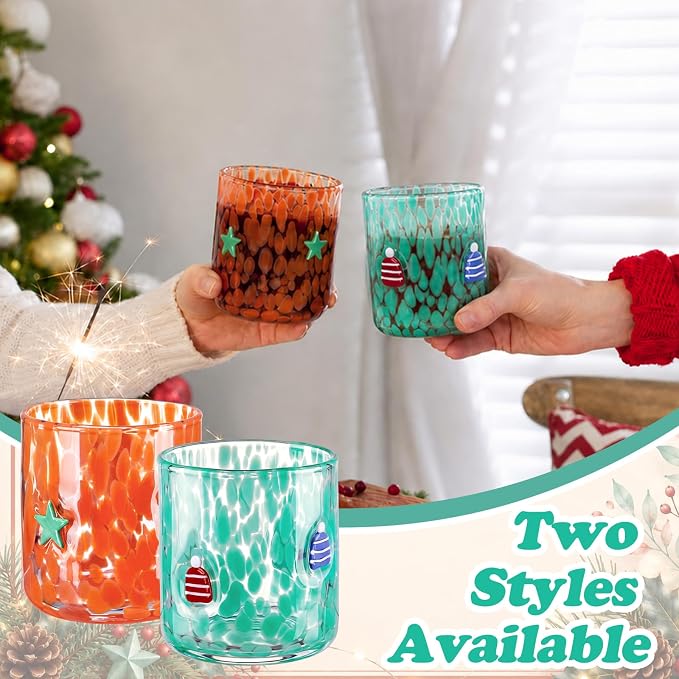 LemonRoad 2 Pcs Christmas Glass Cups 16 oz Green Star Mini Hat Icon Juice Glasses Double Old Fashioned Wine Coffee Cocktail Cups Drinking Glassware for Holiday Xmas Party Supplies Gift - Image 7