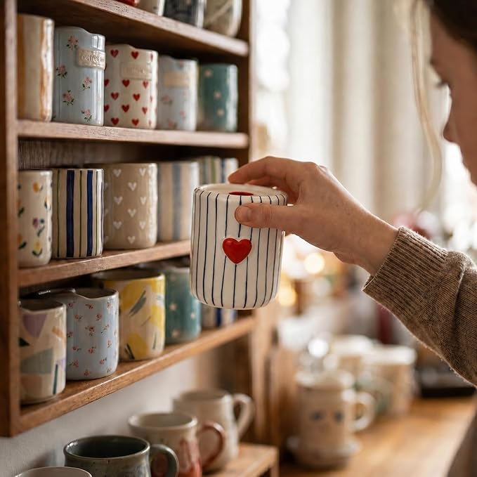 Ceramic Coffee Mug with Sip Hole, 12oz Striped Coffee Cup with Heart Accent, Cute Aesthetic Mug for Espresso Latte Cappuccino, Handmade Glazed Cup for Home Office Gift Use, Black - Image 8