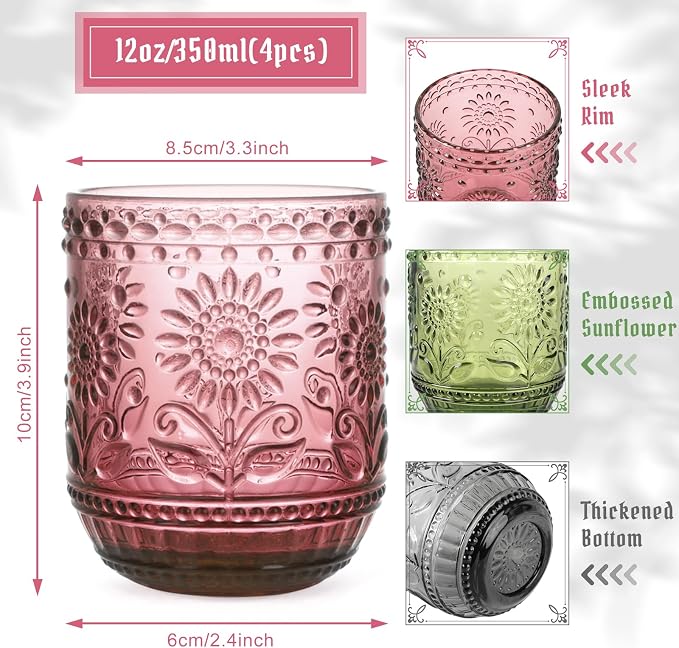 Topsky Vintage Drinking Glass Set of 4,12 oz Embossed Floral Drinkware Set,Colorful Drinking Glasses Cups Wine Glasses Colored Glassware for Whisky,Beer,Juice,Cocktail,Heavy Duty - Image 4