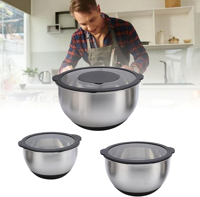 Asixxsix 3PCS Mixing Bowls with Lids Set and 3PCS Graters, Stainless Steel Nesting Bowls, Easy to Use Nesting Salad Bowl for Food Baking, Mixing, Serving, Storing