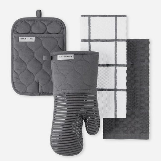 KitchenAid Quilted Cotton Terry Cloth Oven Mitt, Pot Holder, Kitchen Towel 4-Pack Set, Heat Resistant, Silicone Grip, Gift Set, Charcoal Grey, 16"x26", 7"x13" & 7"x10" by KitchenAid