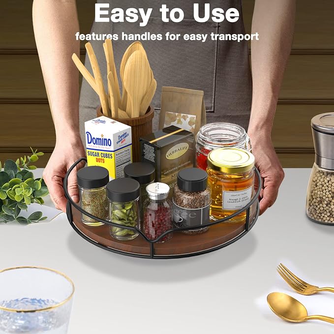 Lazy Susan Turntable Organizer with Anti-Slip Mat for Cabinet Pantry Kitchen Countertop Refrigerator Office, Pine Wood, 10", Brown - Image 6