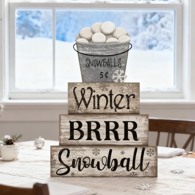 Moucuny 4 Pcs Winter Table Decorations Winter Tiered Tray Decor Christmas Table Centerpiece Rustic Decorative Snowball Snow Bucket Block Sign Farmhouse Christmas Decorations for Home Kitchen Shelf - Image 7