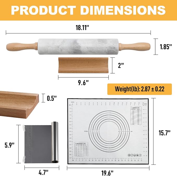 African Natural Marble Rolling Pin, Non-Stick Polished Dough Roller, Pasta, Dumpling, Fondant, Pie Crust, Bread, Pizza Dough, Kitchen Baking Pastry Tools with Mat/Scraper(Grigio Fantasy) - Image 4