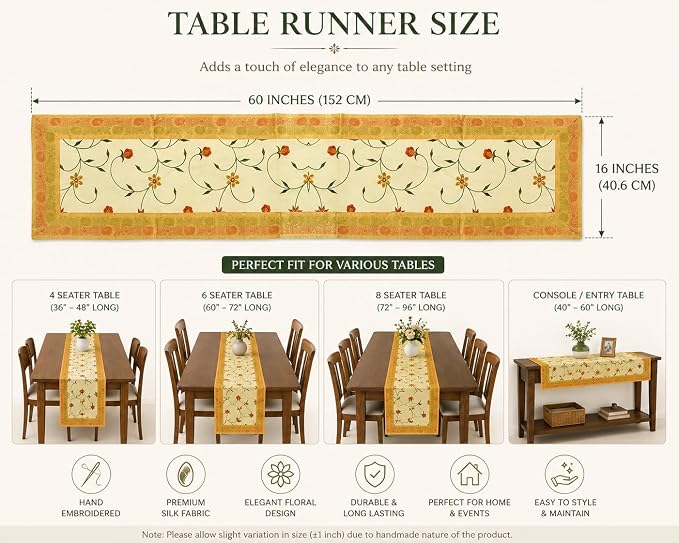 Hand Embroidered Silk Table Runner, Cream Floral Vine Design Decorative Table Linen for Dining Table, Kitchen, Coffee Table, Console, Wedding Reception, Birthday & Home Décor, 60 x 16 Inches - Image 3