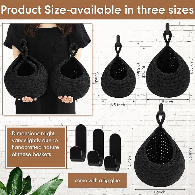 Honeydak Boho Decor Hanging Wall Baskets for Kitchen 3 Pack Teardrop Baskets with Hooks Storage Fruit Onion Vegetable Potato for Home 3 Sizes(Black,Teardrop,Cotton Rope) - Image 3